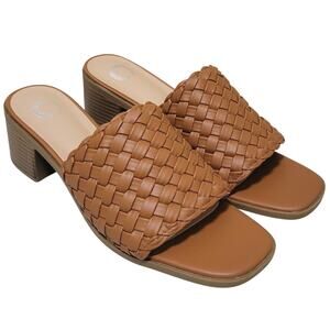 Journee Women Fylicia Block Heel Woven Slide Sandals Size US 9.5M Tan Brown